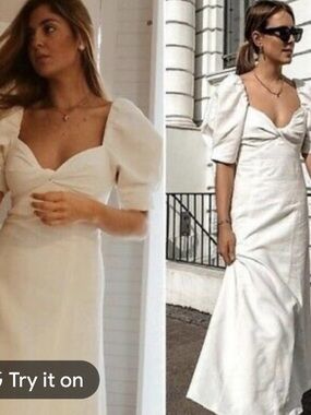 Zara Ivory Rustic Knotted Dress w/Sweetheart Neckline, Linen, Size Small